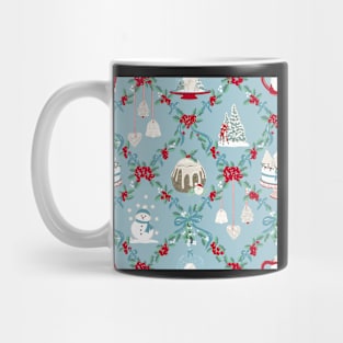 Repeat Pattern of Vintage Christmas Treats on Pale Blue Mug